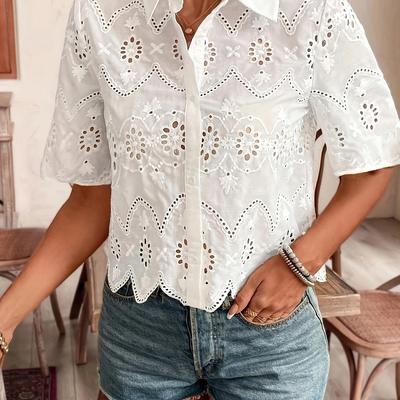 TEMU Elegant Women's Lace Shirt - Floral Pattern Short Sleeve Blouse With Contrast Detail, White, Spring/summer, Elegant Outfit | Floral Lace Blouse | Stylish Lace Image
