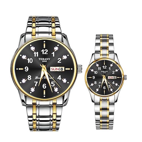 Coffret de montres à quartz pour couple 2 pièces – cadran numérique rond, étanchéité IPX7, aiguilles lumineuses, double calendrier (date et jour), bracelet en alliage, style professionnel unisexe, idéal pour les rendez-vous et les cadeaux