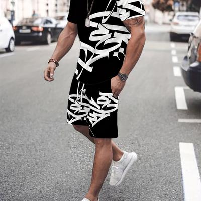 TEMU Men's 3d Printed Casual Suit - Crew-neck T-shirt With Geometric Drawstring Shorts, Polyester Blend, Machine Washable - All Image