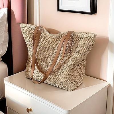 TEMU Chic French-inspired Large-capacity Woven Tote Bag - Lightweight Beige Straw With Zip Closure, Polyester Lined, Summer Beach & Casual , Beach Bag Image