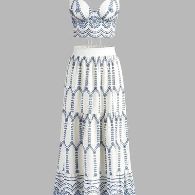 TEMU Elegant Floral Print Two-piece Set With V-neck Cami Top And Midi Skirt - , Polyester, Bow Detail, All , Elegant Outfit| Camisole|decorative Bow Detail Image