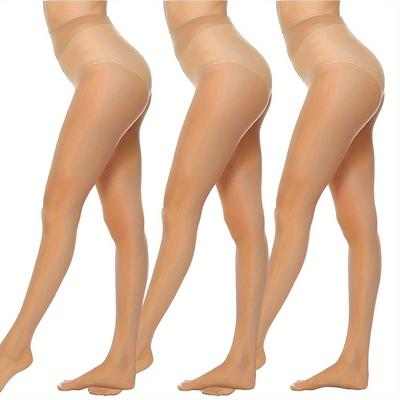 TEMU 3/6 Pairs Women's High-waisted Slim-fit Tights - Solid Color, Transparent, Fabric Panties, 90g/㎡, Hand Washable, Comfortable & Breathable For Casual Attire Image