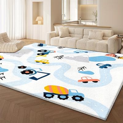 TEMU Plush Velvet Area Mat With Cartoon Vehicle Design - Soft, Washable, Non-slip, Rectangular Mat For ' Room, Office, Or - 850g/sq.m, Machine Washable Polyester Material Image