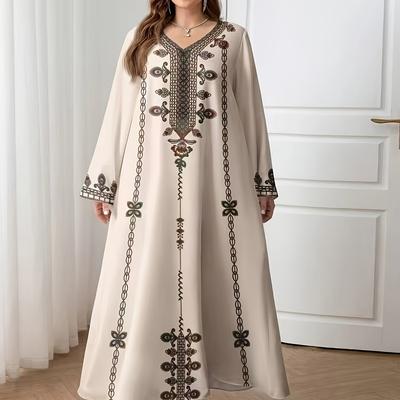 TEMU Vintage Floral Print V-neck Maxi Dress - Loose Fit, Long Sleeve, Tunic For Women, Casual & Elegant Style, Dress | Floral Print Dress | Nonstretch Fabric Image