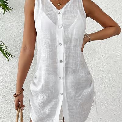TEMU Women's Sleeveless Kimono Cover-up - Chic V-neck, Button-up Summer Beach Shirt In Solid Color, Lightweight & Sheer For Image