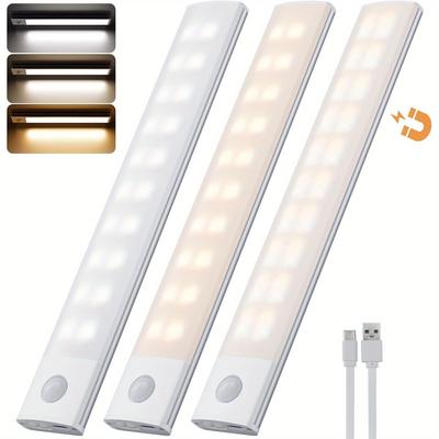 TEMU 3pcs Cabinet Lighting Led With Motion Sensor 20 Cm 1800 Mah Base Cabinet Lighting 3 Colours 3000 K - 6000 -unit Light Light Strip Usb Kitchen Stairs Image