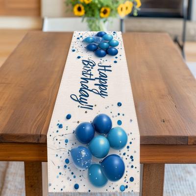 "TEMU 1pc Blue Birthday Party Table Runner - "happy Birthday" Design With Balloons & Confetti, Polyester Material, Ideal For Celebrations, Birthday Party Decor | Balloon Theme Decor | Polyester" Image