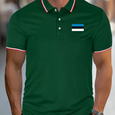 TEMU Men's Casual Knit Fabric Shirts With Estonian Flag Detail, 100% Polyester, Regular Fit, Breathable Summer Golf With Lapel Collar & Stretch, Geometric Pattern Button-up Short Sleeve Shirt Image