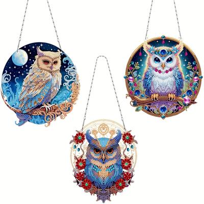 TEMU 3pcs Diy Owl Special Crystal Gem Painting Kit Cute Owl Diamond Painting Decorations Suitable For Adult Beginners Home Wall Window Art Decoration (13.39x7.48 Inches) Image