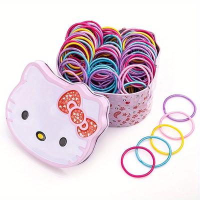TEMU For Hello Kitty Headband 100pcs Set - Cute And Mixed Color Elastic Band, Cartoon Print And , Including Storage Box, Women 14+ Image