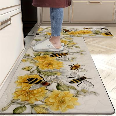 TEMU Bee-themed Non-slip Kitchen & Bathroom Mats - , Machine Washable Runner Rugs For Home, Office, Laundry - Comfortable Standing Pads In Sizes Image
