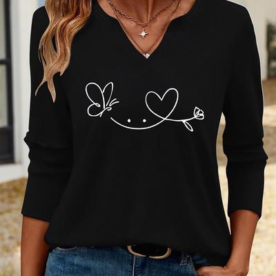 TEMU Women's Casual V-neck 3/4 Sleeve T-shirt With Simple Heart And Print, Medium Stretch Knit Fabric, Regular Fit - 7648 Image