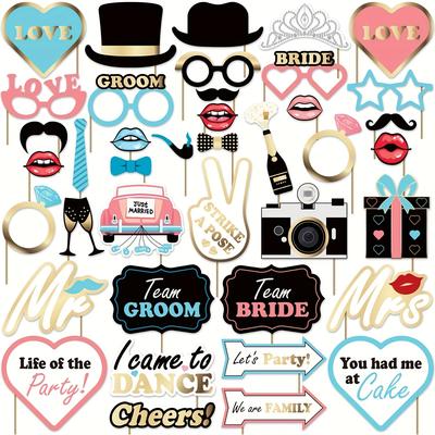 TEMU 40pcs Wedding Photo Booth Props, Wedding Party Supplies For Photo, Bachelor Party Decorations, Bridal Shower Decorations And Engasynthetic Gemstoneent Party Decorations Photo Booth Props Image