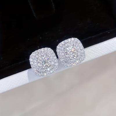 TEMU 2pcs Square Stud Earrings, Synthetic Cubic Zirconia, Copper, Hip Hop Fashion, Unisex, Ideal For Anniversary/birthday/valentine's Gift Image