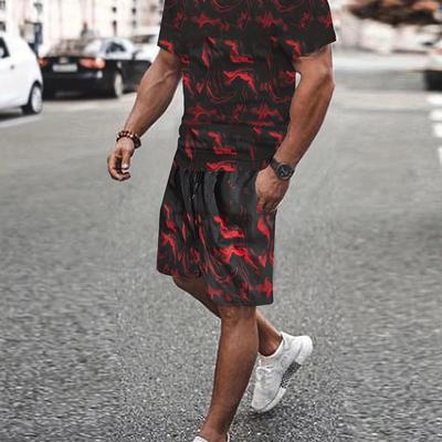 TEMU Red Print, Men's 2pcs Outfits, Trendy T-shirt And Loose Drawstring Shorts Set, Mens Clothing Image