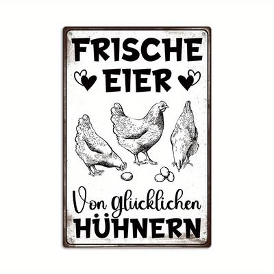 TEMU Putuo Decor 1pc German Vintage Metal Tin Sign, Fresh Eggs From Happy Chickens, Wall Art Decor For Home Farmhouse Chicken Coop Henhouse Shed, Gift Image