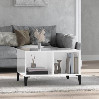 TEMU Coffee Table High Gloss White 60x50x36.5 Cm Wood Material, Industrial Style With Metal Feet And Space Image