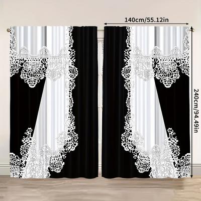 TEMU 2pcs, Curtain Set 2d Black And White Floral Fabric (without Rod,no Movement, No Battery) Thermal Insulation, And Room Darkening Functions Bedroom Living Room Window Kitchen Office Home Decoration Image