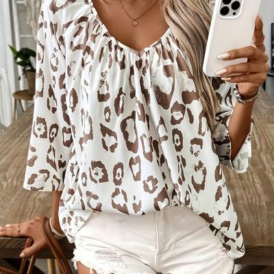 TEMU Khaki Leopard Print Deep V-neck -eighth Sleeve Women's Shirt Image