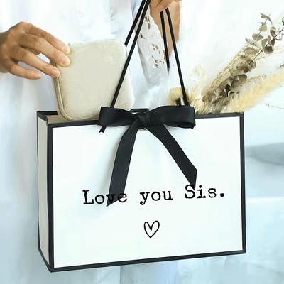"TEMU 1pc Sister Love Gift Bag - Stylish White Paper Bag With "love You Sis" Print & Black Ribbon, Birthdays, Party Favors, And Women’s Casual Handbag Design" Image
