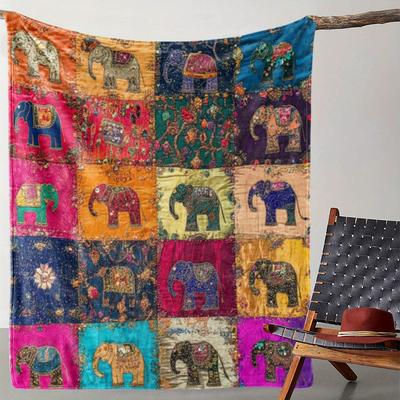 TEMU 1pc Vintage Elephant Print Flannel Blanket - Soft 100% Polyester, 250-300gsm Cozy Throw For Sofa Bed Car , Multicolor Gift Image