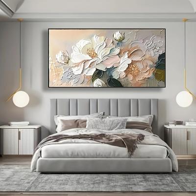 TEMU Large Hand-painted Peony Wall Art - Oil Painting, Textured 3d Floral Mural In White & Pink, Frameless Decor For Living Room, Bedroom, Office, Or Dining Area, Wall Decor Image