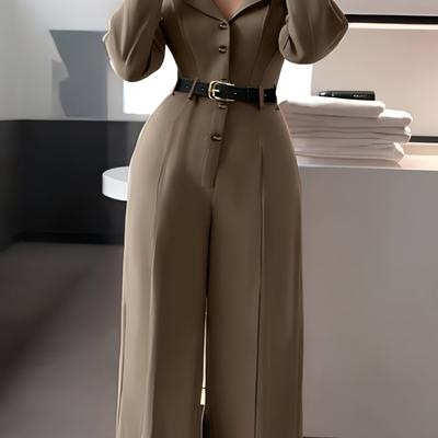 TEMU Women's Elegant V-neck Long Sleeve Shirt Dress With Belted Waist & Pockets - Solid Color Machine Washable Spring/summer Office To Casual Wear, Summer Fashion, Silhouette Image