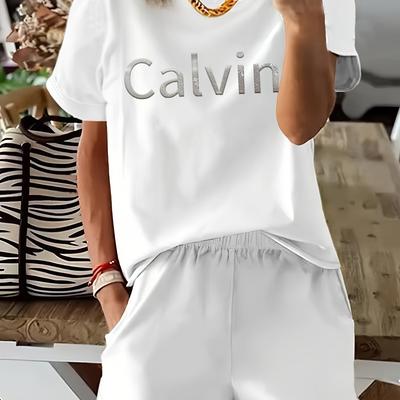 "TEMU Women's Casual Brand T-shirt & Shorts Set - White, "logo" Print Tee With Drawstring Waist Shorts, Polyester Blend, , Casual Wear|graphic Tee|polyester Blend" Image