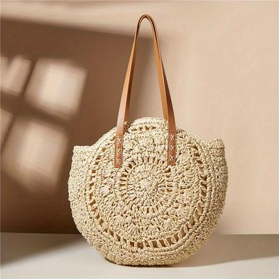 TEMU Bohemian Summer Beach Bag, Round Straw Woven Bag, Colors, Minimalist Woven Women's Shoulder Bag, Beach Bag Image