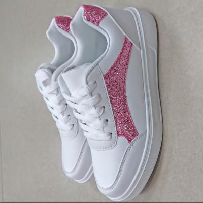 TEMU 1 Pair Women's Fashion Sneakers - White & Pink Glitter Casual Shoes, Low-top Lace-, Eva Sole, Fabric Lining, , Casual Footwear||synthetic Cover Sneakers Image