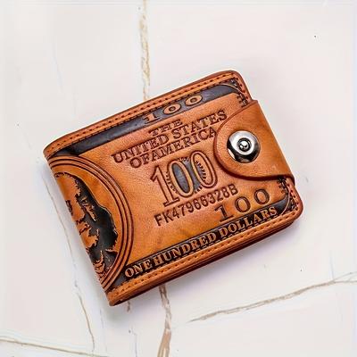 TEMU Vintage Leather Bifold Wallet For Men - Slim Card Holder With $100 Bill Design, Snap Button Closure, Options, Business Card Holder | Vintage Wallet Design | Metal Snap Closure, Small Wallet Image