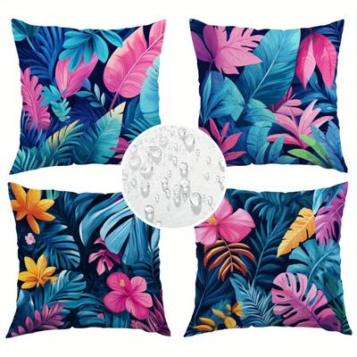 TEMU 4pcs Vibrant Tropical Print Throw Pillows , Machine Washable With Zipper Closure, Colorful Summer Patio Decor, Polyester, , Outdoor Patio Decor||polyester Pillows Image
