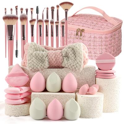 TEMU Popular 20/21/40pcs Of Pink Makeup Kit, The Set Includes A Soft Brush, A Of Makeup Eggs, A Portable Large-capacity Travel Makeup Bag, And A Full Set Of Pink 2025 Internet Celebrity Makeup Brushes Image