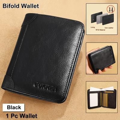 TEMU Men's Vintage Cowhide Wallet, Rfid Shielding Protection Short Multi-functional Id Card Credit Card Holder Top Layer Cowhide , With 2 Id Card Windows Gifts Valentine's Day Gift Image