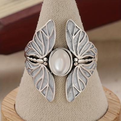 TEMU Antique Decorated Artificial Moon Moth Wide Face Ring For Women, Dancing , Exquisite Gift Image