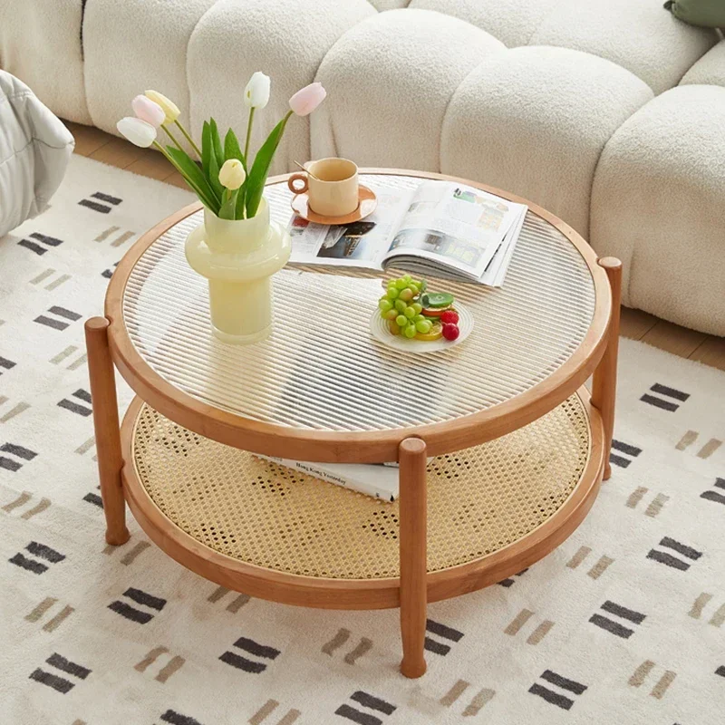 Massivholz Rattan gewebt Couchtisch Wohnzimmer Sofa Beistelltisch japanischer runder Glastisch mobile Aufbewahrung Ddesk Wohnmöbel Image