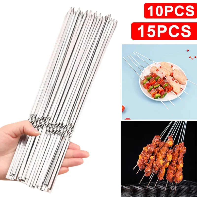 Picknick Edelstahl Grill Spieß Outdoor Camping Wiederverwendbare Flache BBQ Nadel Stick Grill Werkzeuge Party Zubehör Image