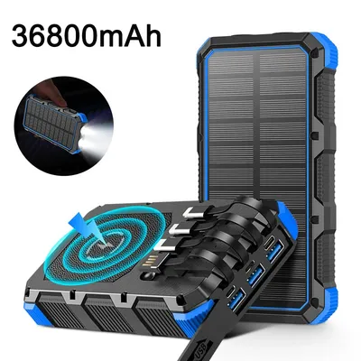 Solar Power Bank große Kapazität 36800mah kabelloses Laden tragbare Power bank mit Kabel LED-Licht Image