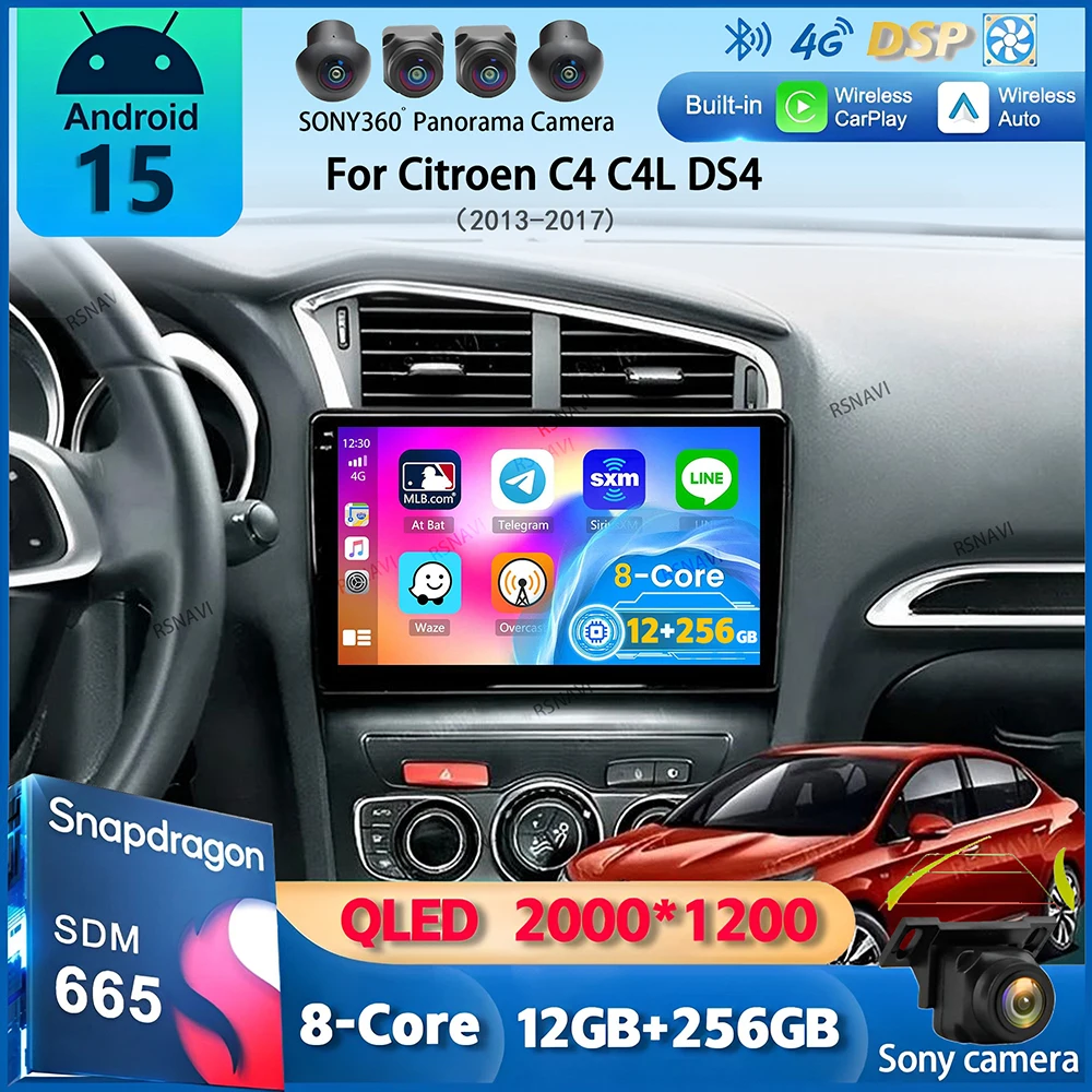 Android 16 Carplay DSP WIF+4G Autoradio GPS Multimedia Player für Citroen C4 C4L DS4 2013 2014 2015 2016 2017 Stereo 360 Kamera Image