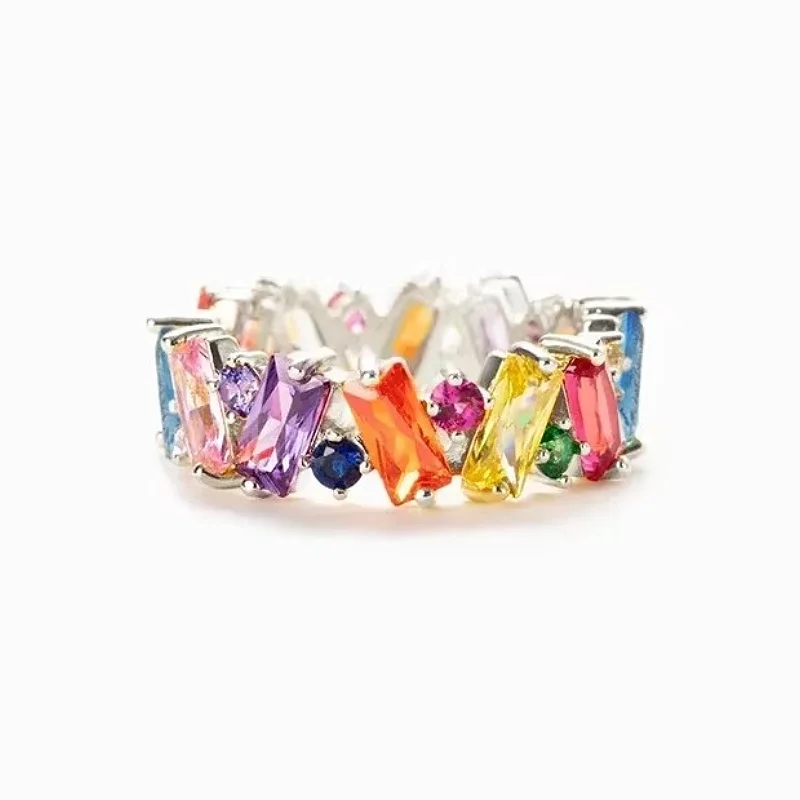 Huitan Heller Regenbogen-Zirkonia-Ring für Damen, modischer Sommer-Schmuck, junge Dame, Teenager-Mädchen, zierliches Geschenk, Accessoires, Schmuck Image