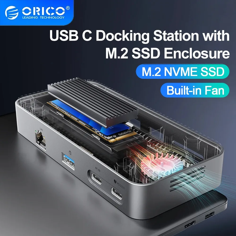 ORICO M.2 NVMe SSD-Gehäuse mit 9-in-1-USB-C-HUB, 10 Gbit/s, externe RJ45-SD-Dockingstation mit Lüfter für Laptop, MacBook Image