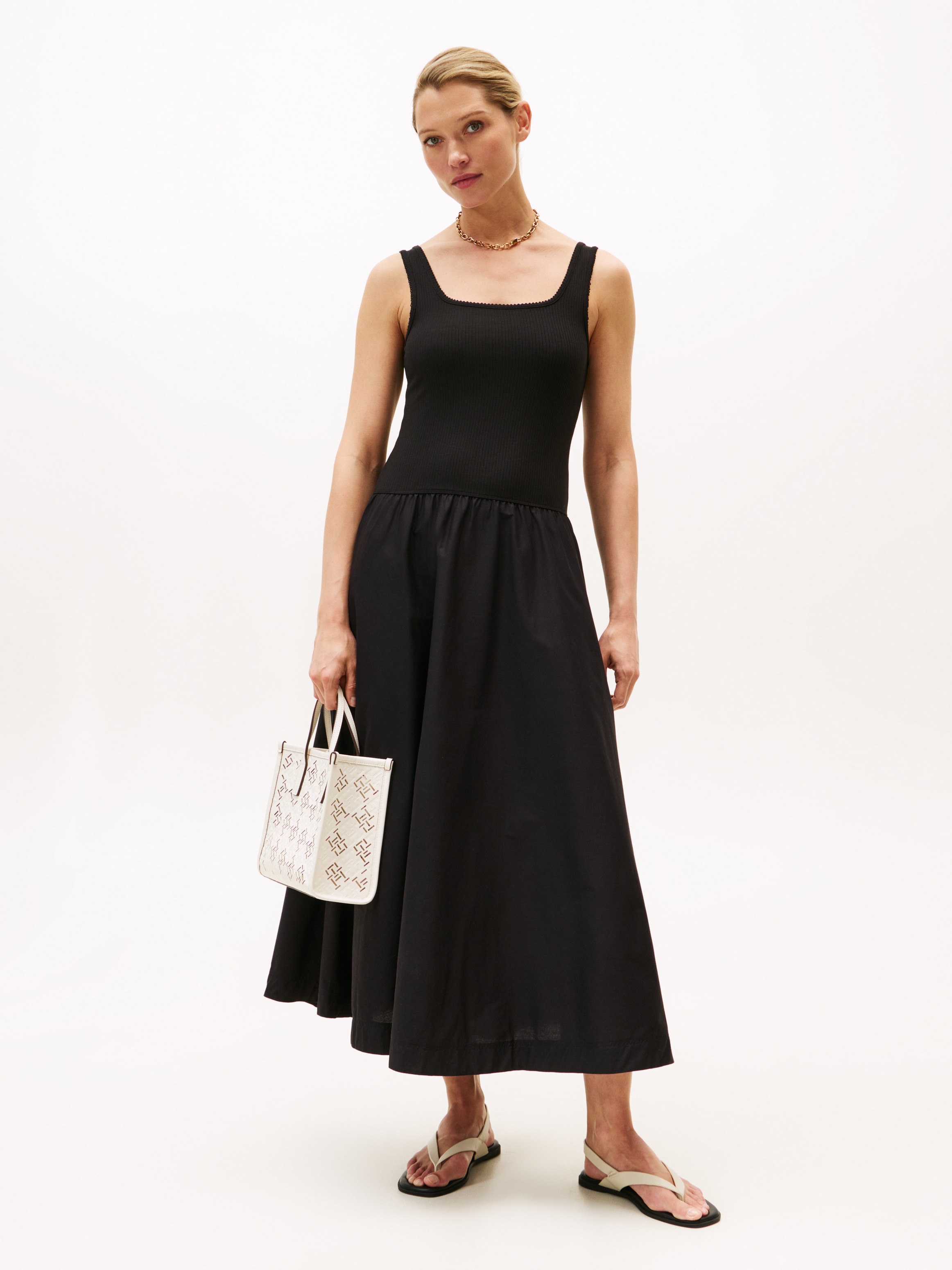 A-Linien-Kleid TOMMY HILFIGER "5X2 RIB MIDI MIX F&F DRS", Damen, Gr. XL (42), N-Gr, schwarz, Web, Obermaterial: 97% Baumwolle, 3% Elasthan, unifarben, regular fit, eckiger Ausschnitt, Kleider Image