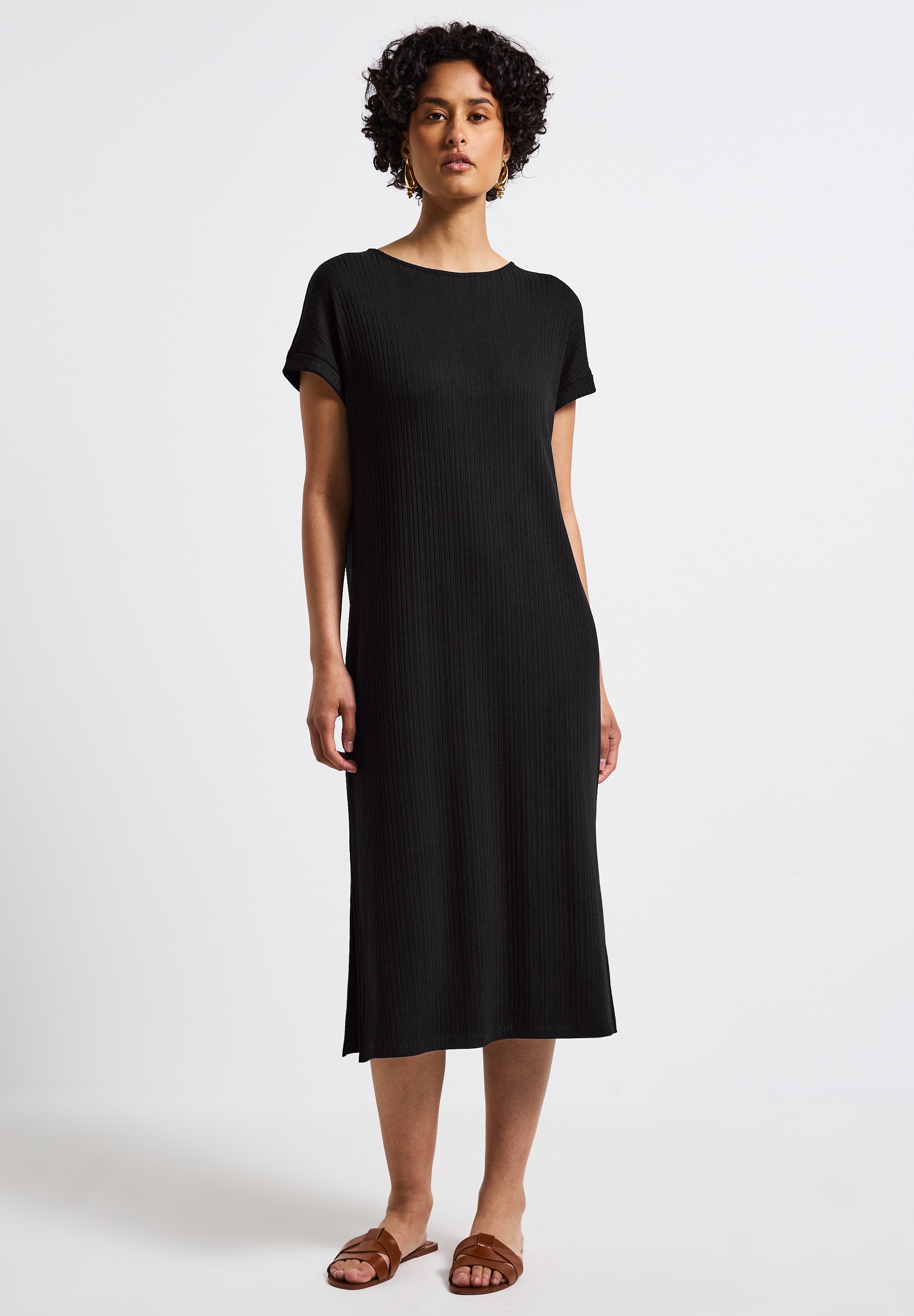 Midikleid STREET ONE, Damen, Gr. 38, EURO-Größen, schwarz, Stoff, 75% Viskose, 20% Polyester, 5% Elasthan, unifarben, normal wadenlang, Rundhals, Umschlagbund, Kleider Midikleid, mit Rundhalsausschnitt