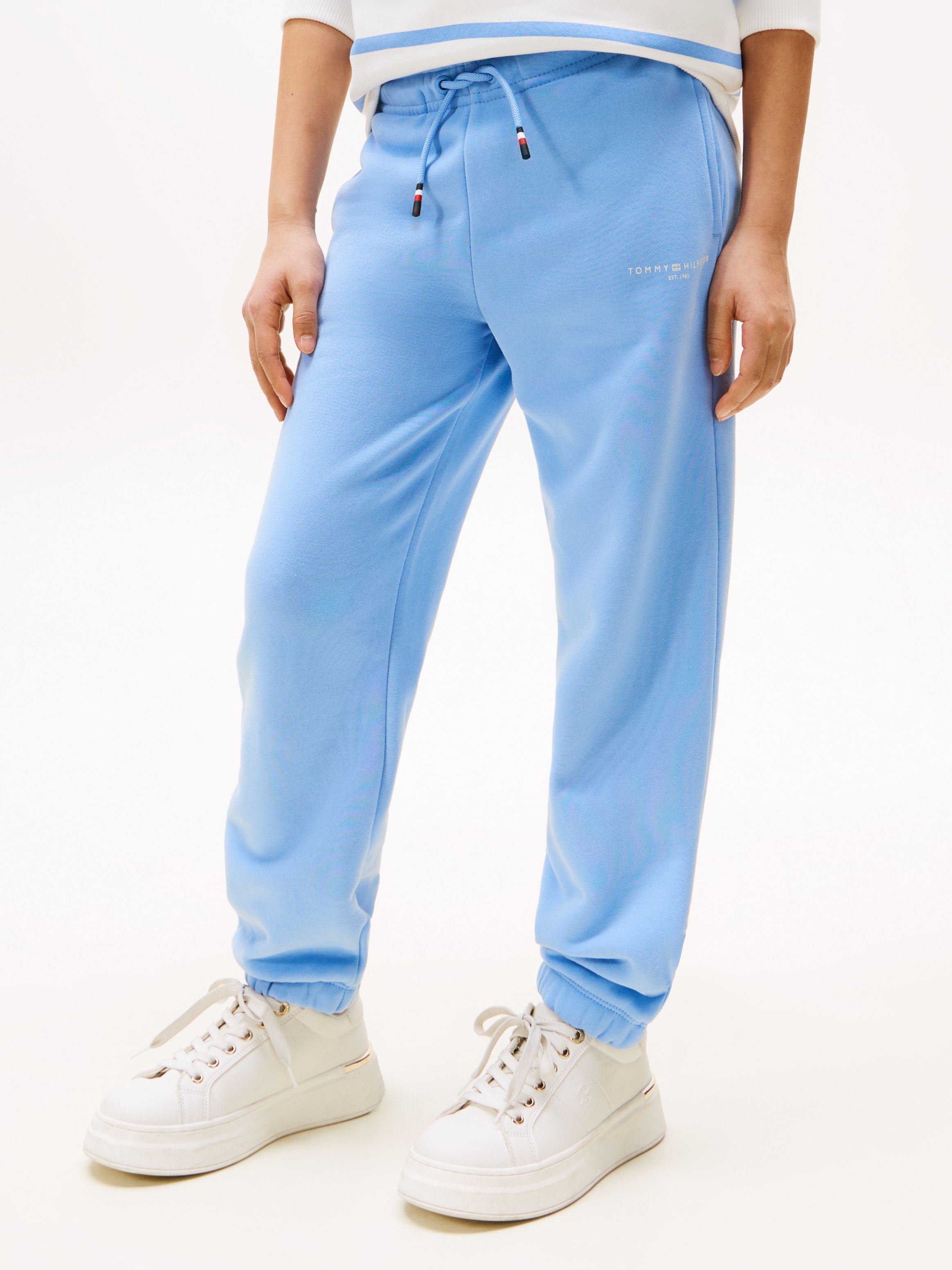Sweathose TOMMY HILFIGER "MINI CORP SWEATPANTS", Jungen, Gr. 14 (164), N-Gr, blau (cloudy blau), Sweatware, Obermaterial: 80% Baumwolle, 20% Polyester, unifarben, regular fit lang, Hosen, für Kinder bis 16 Jahre Image