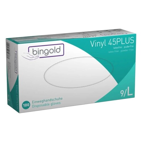 BINGOLD Vinyl 45PLUS Einweghandschuhe Transparent puderfrei 100 Stück : L Image