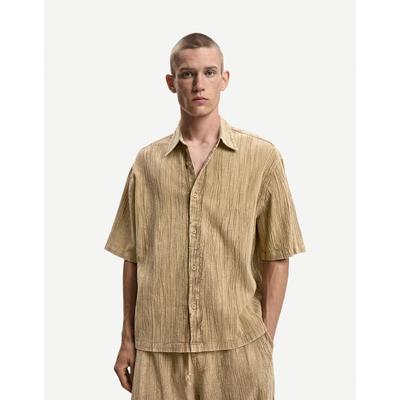 Bershka Pleated Boxy Fit Short Sleeve Shirt Men L Khaki