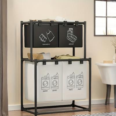 TEMU 1pc 2-tier Multifunctional Laundry Hamper With 4 Removable Bags - Stainless Steel Foldable Clothes Basket, Space-saving Storage Organizer For Bedroom, Bathroom, Kitchen - Black, Laundry Baskets Image