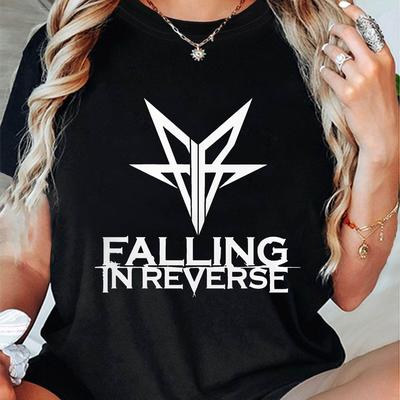 TEMU Reverse Women's Graphic T-shirt - Edgy Rock Band Logo Print With Stars, Black & White Contrast, Medium-stretch Crew Neck Casual Top For , , Apparel, Musicthemed Shirt, Durable Fabric Image