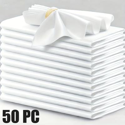 TEMU 50-pack White Polyester Satin Napkins 12x12 Inch - Stitched-edge Reusable & Machine Washable For Weddings, Parties, Daily Dining - Elegant Table Setting Essentials, Cloth Napkins Image