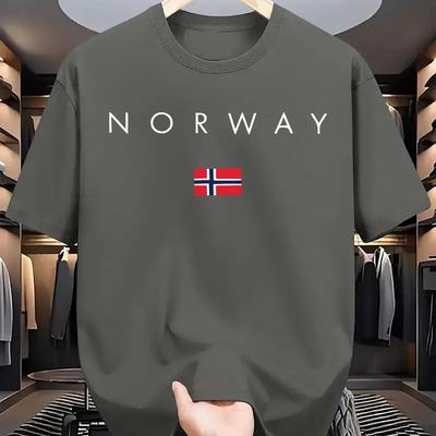 "TEMU Men's Norway Flag Print T-shirt - Casual Breathable Polyester, Short Sleeve Crew Neck, Light Purple With "norway" Lettering & , Summer Wear" Image